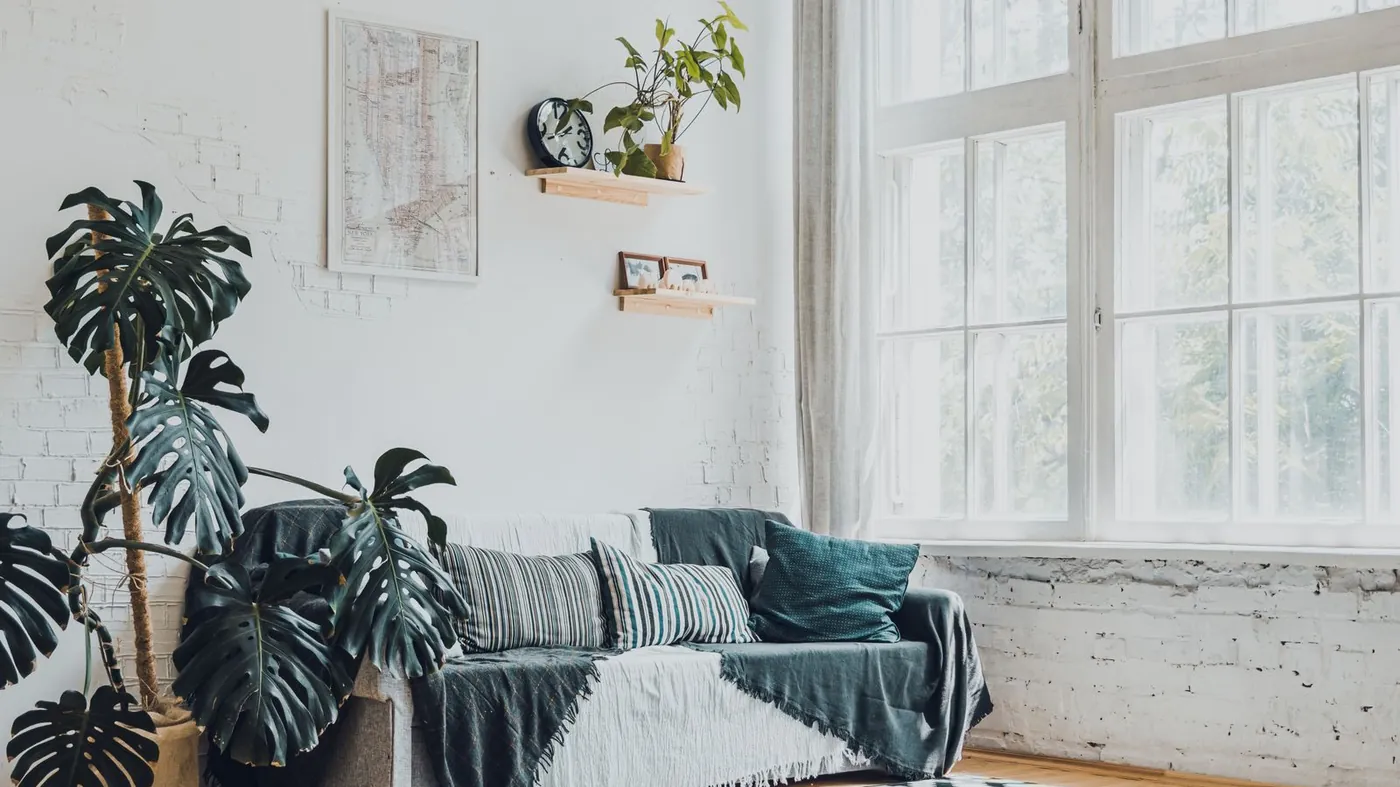 Living luminoso decorado con monsteras y plantas colgantes